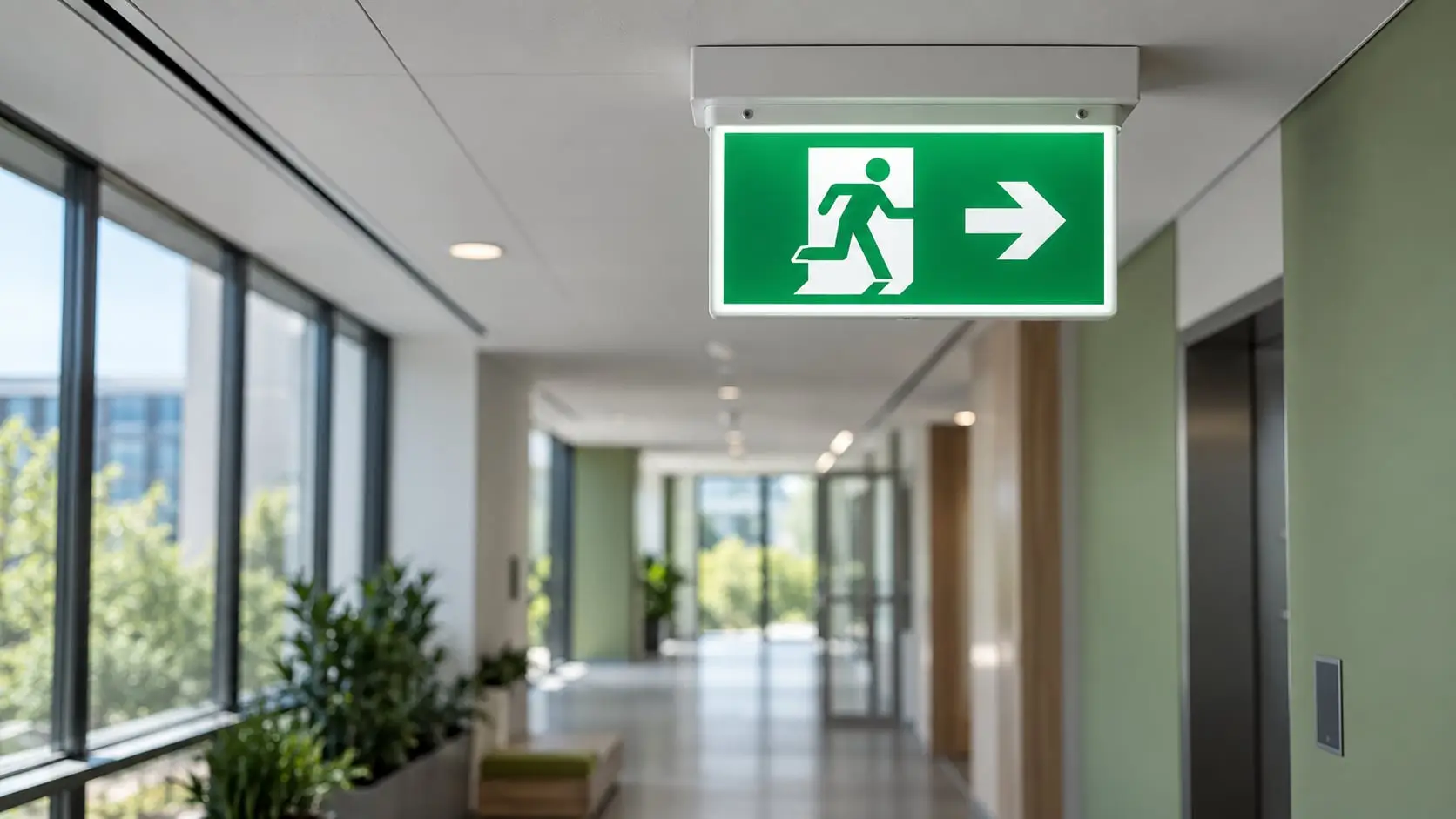 Illuminated emergency exit sign in a commercial office corridor