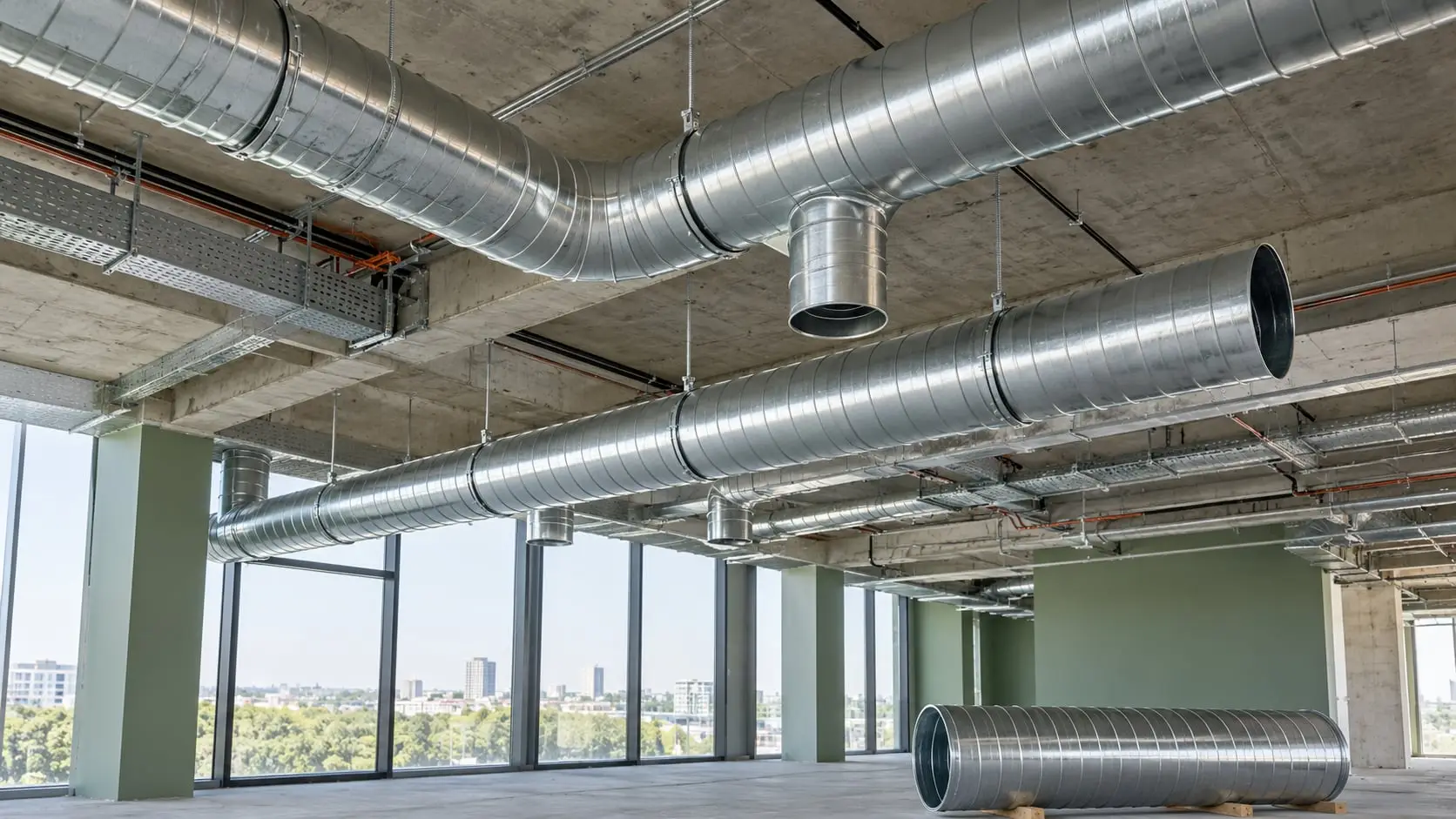 Spiral ductwork suspended from the concrete ceiling of a commercial fitout