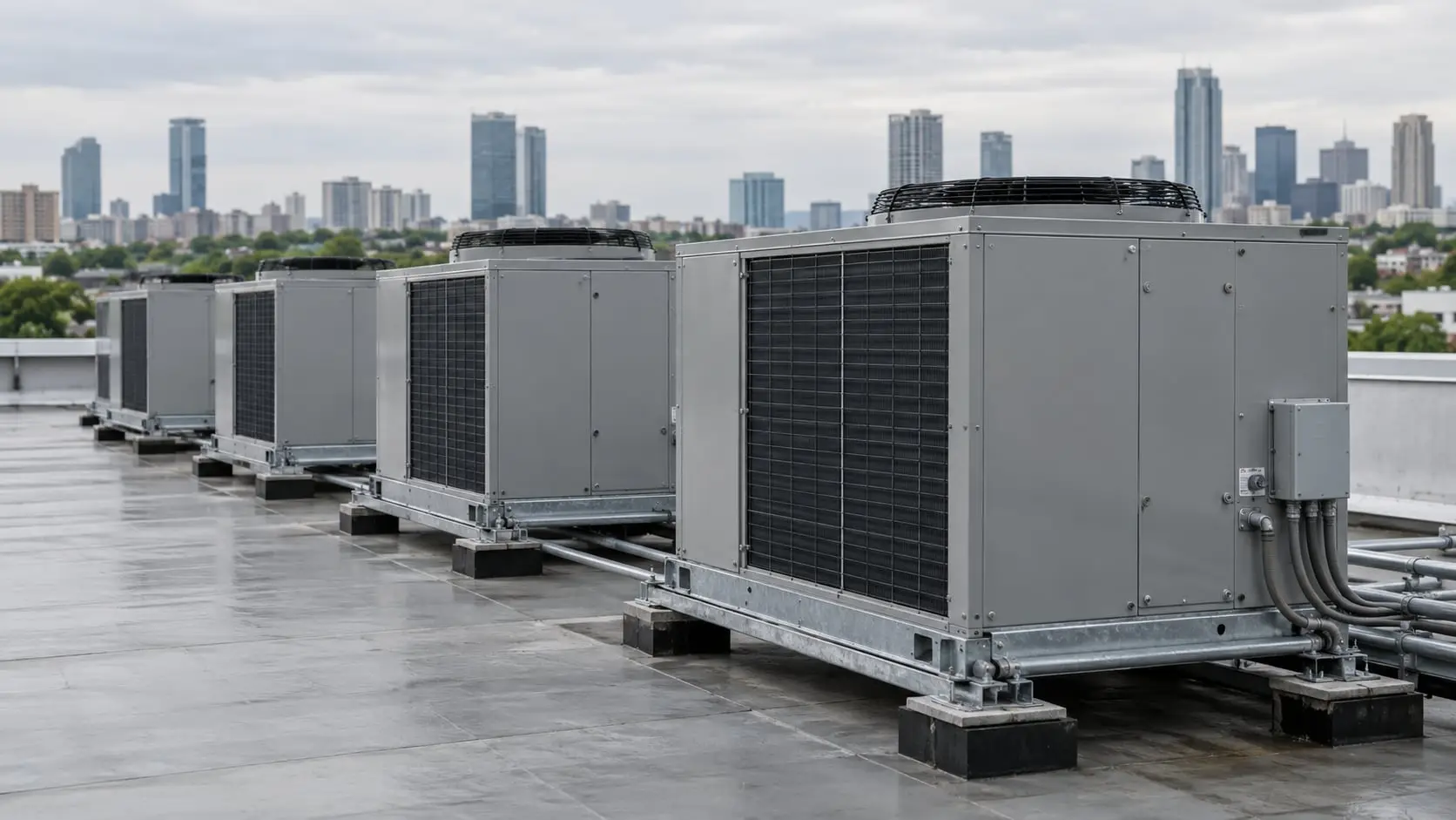 Row of packaged HVAC units on a commercial rooftop