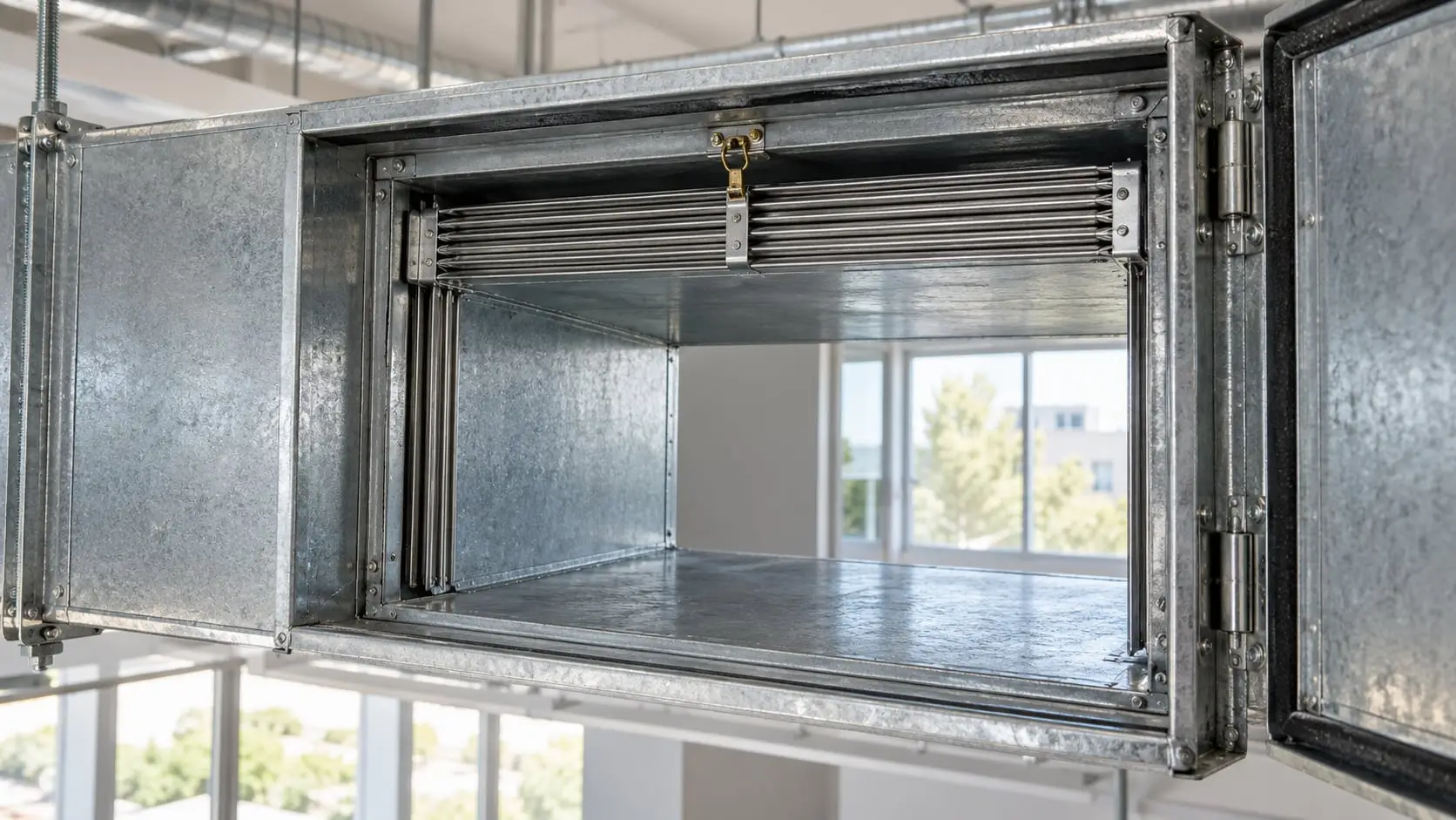 Curtain fire damper inside a section of ductwork, seen through an open access door