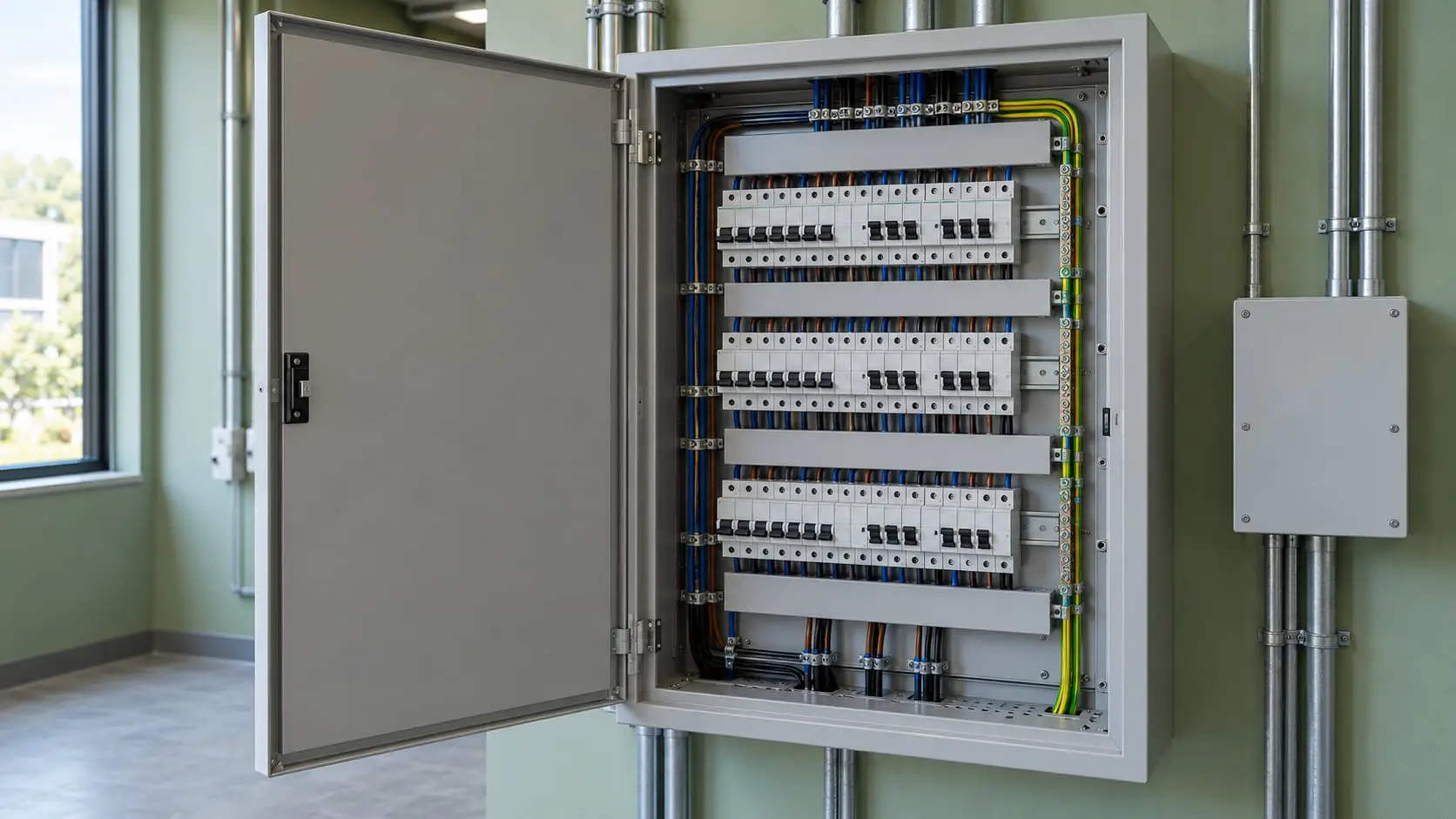 Open electrical distribution board with rows of circuit breakers