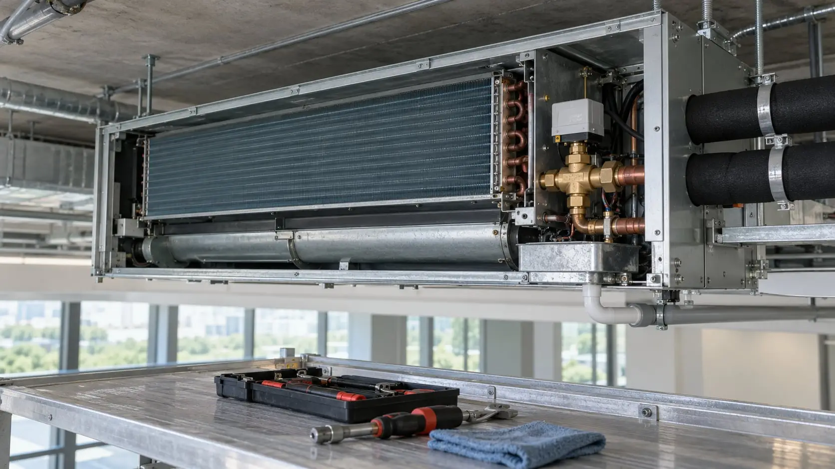 Open fan coil unit in a commercial ceiling with a toolkit on the bench below