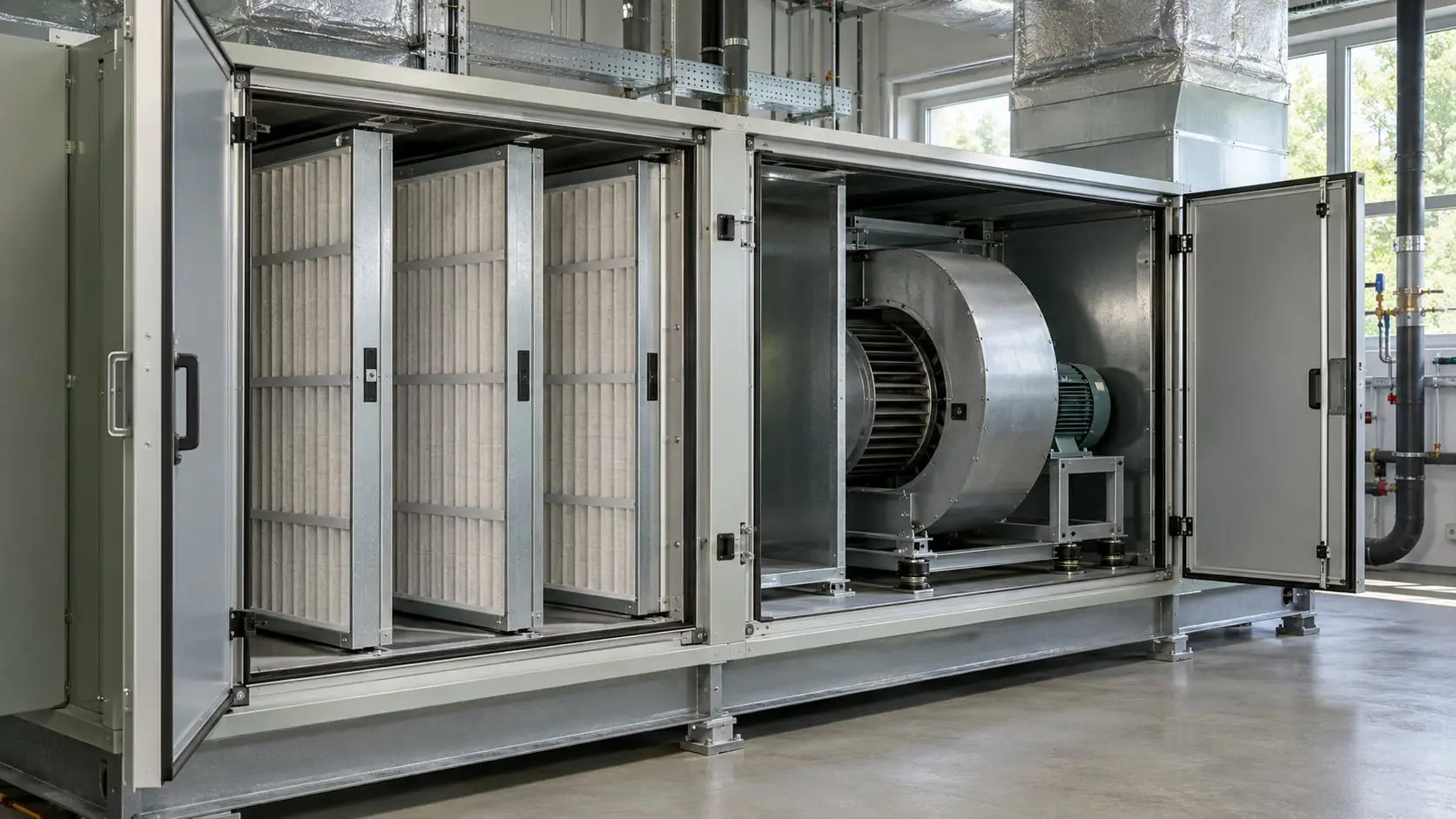 Air handling unit with access doors open, showing filter banks and the supply fan