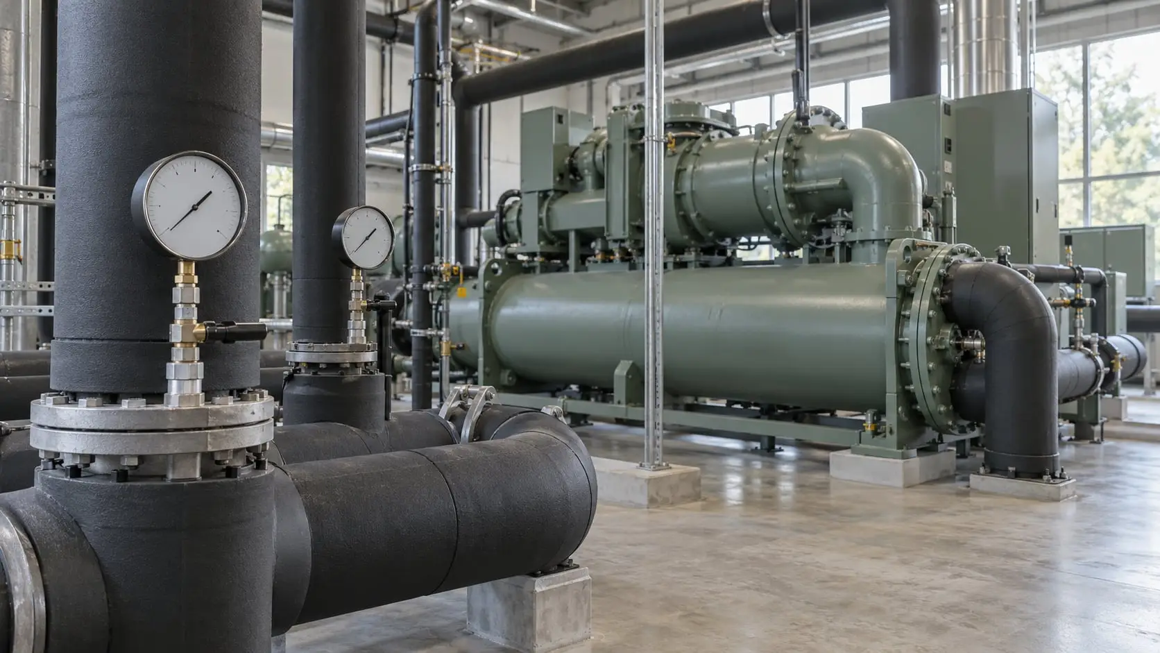 Chiller in a plant room with insulated chilled-water pipework and pressure gauges