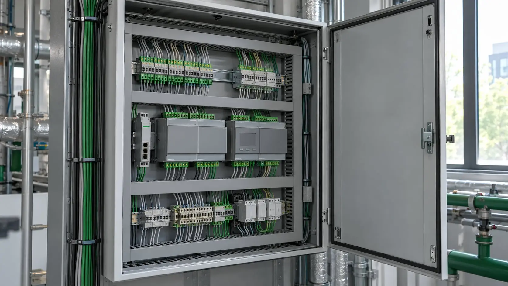 Open BMS control panel with controllers and wired terminal blocks