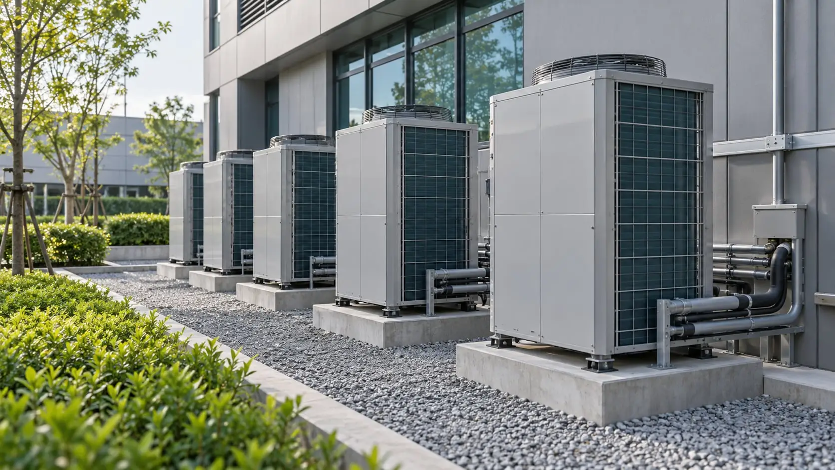 Row of VRF outdoor condenser units on concrete plinths beside a commercial building