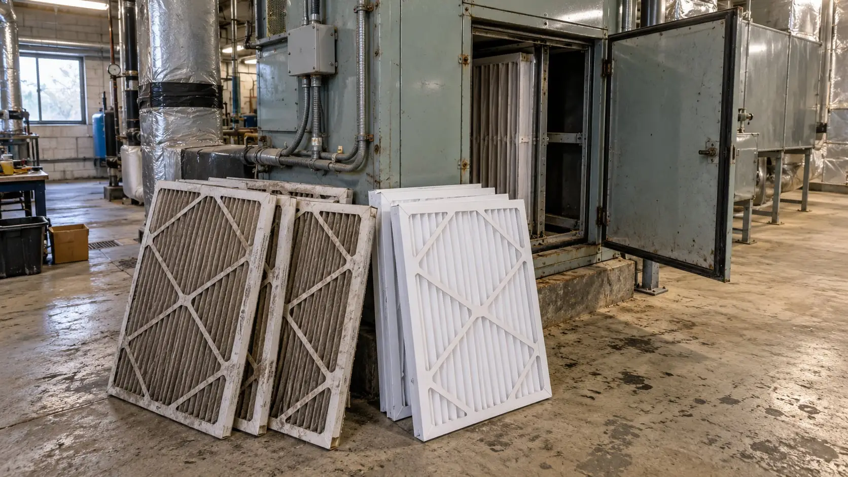 Used dirty air filters beside new clean filters in front of an open air handling unit
