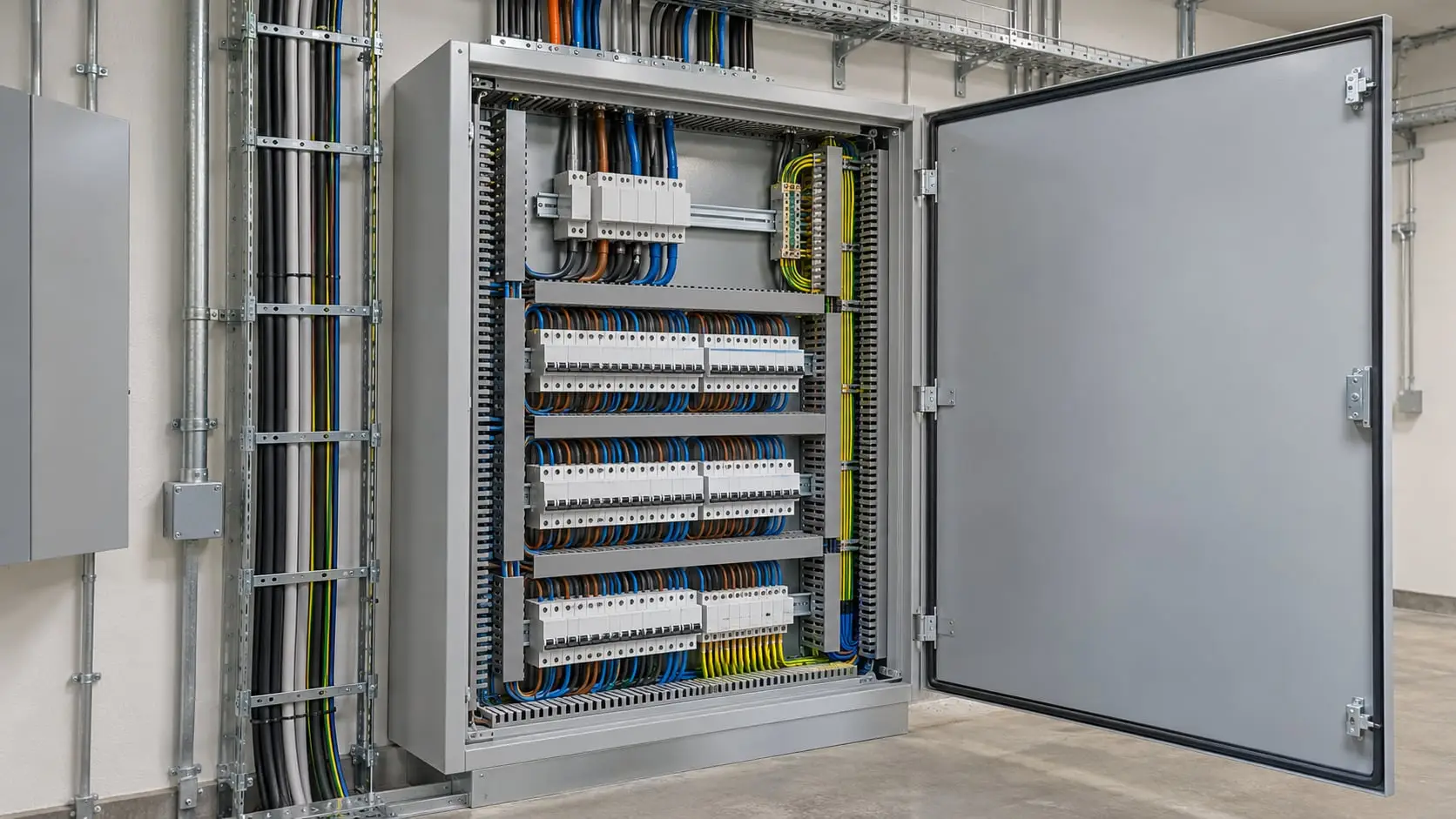New electrical distribution board with its door open, showing breakers and neat wiring