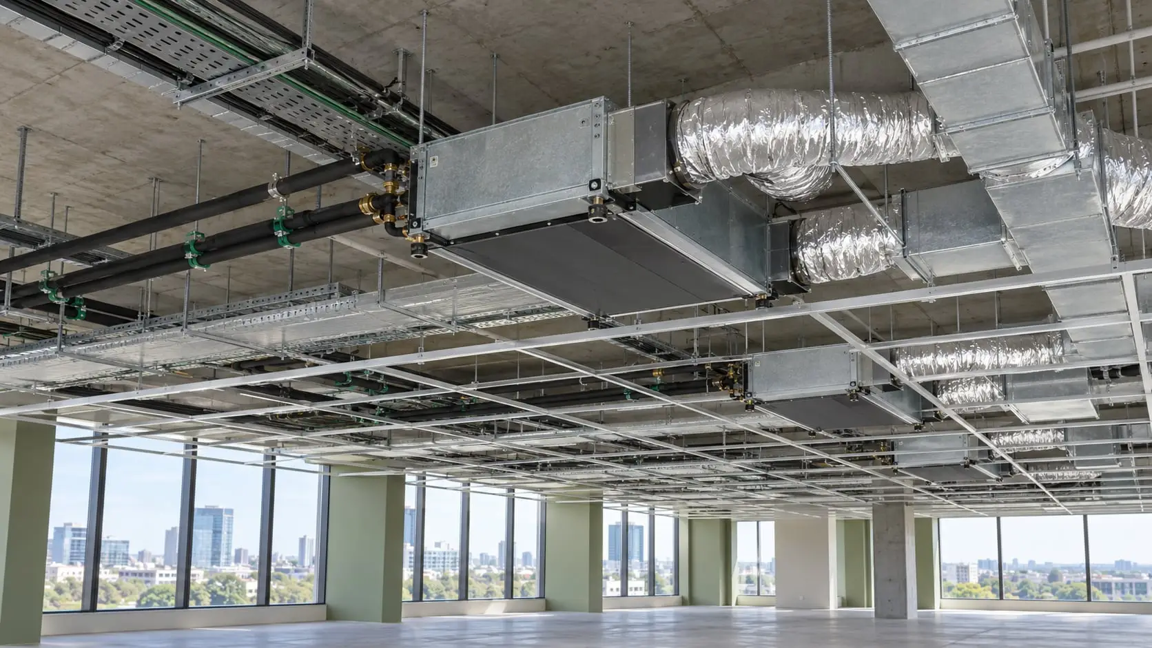 Ceiling-mounted fan coil units with flexible ductwork in an open-plan office fitout