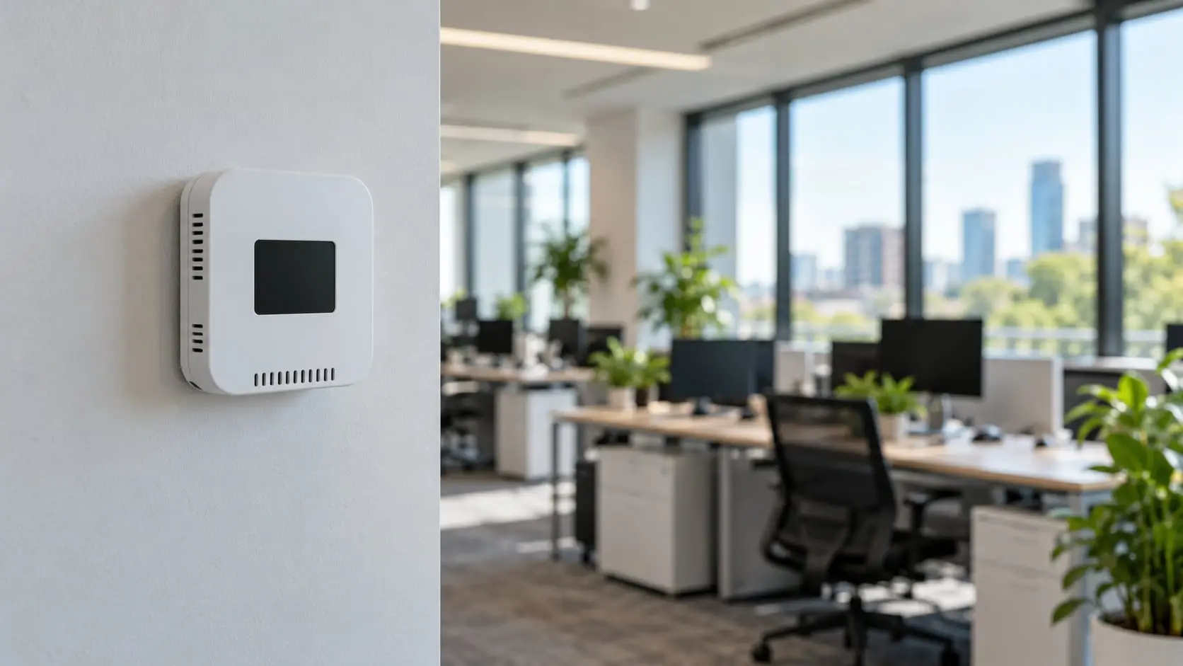 Wall-mounted indoor air quality sensor in an open-plan office