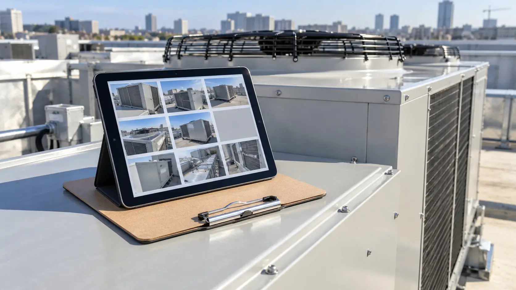 Tablet showing a grid of plant photos, resting on a rooftop packaged unit