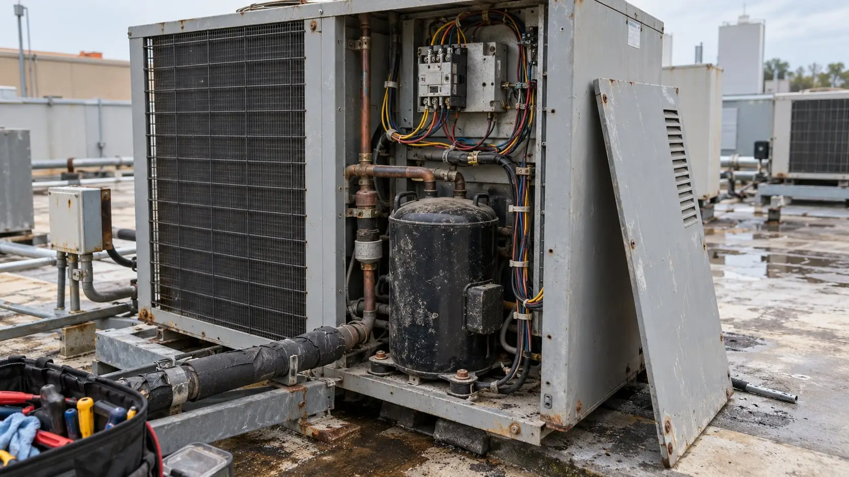Rooftop condensing unit with its service panel removed, exposing the compressor and wiring