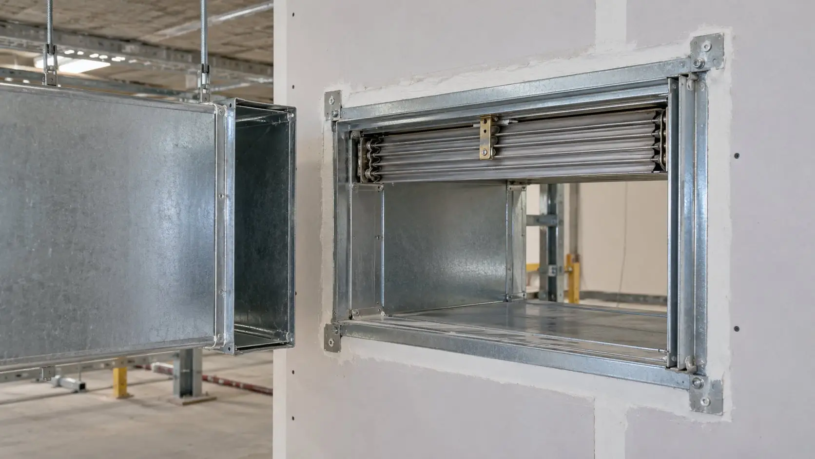 New curtain fire damper installed through a plasterboard wall