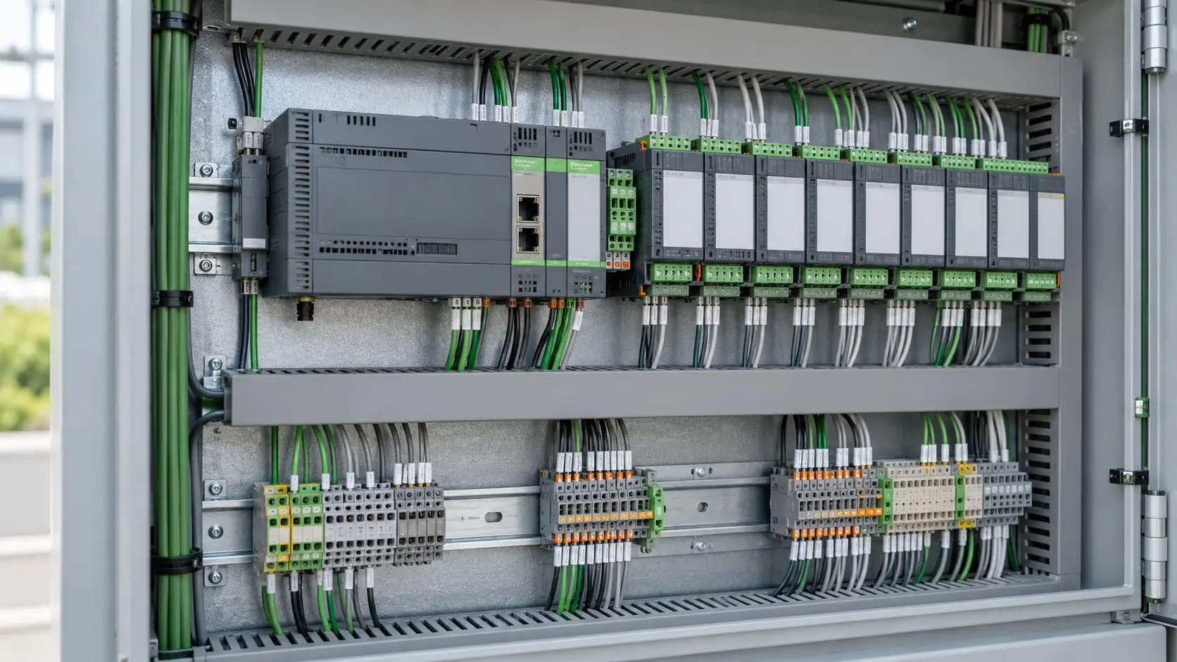 Close-up of a BMS controller and I/O modules wired into a control panel