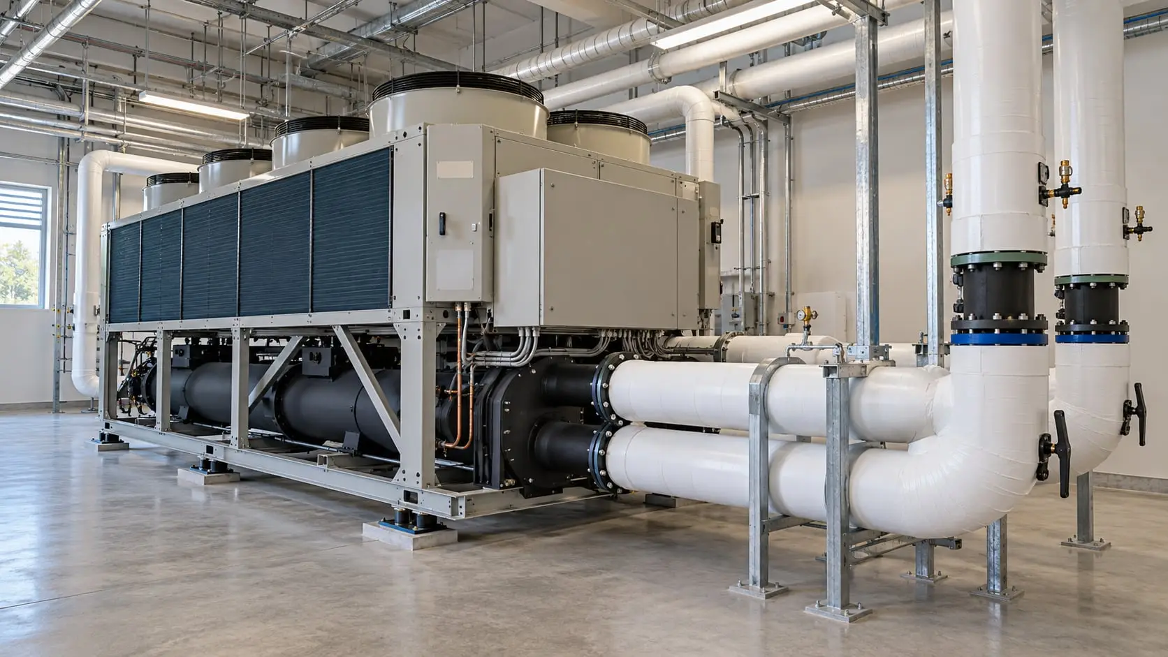 Air-cooled chiller with condenser coils and insulated chilled water pipework