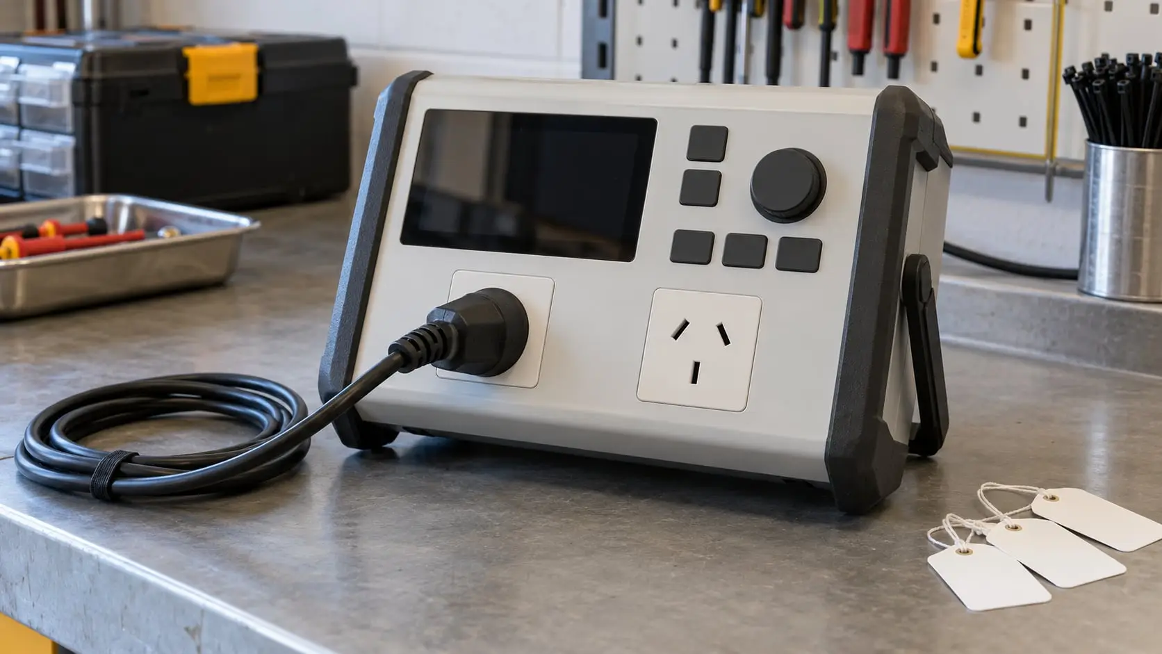 Portable appliance test and tag machine with an Australian power outlet and blank tags