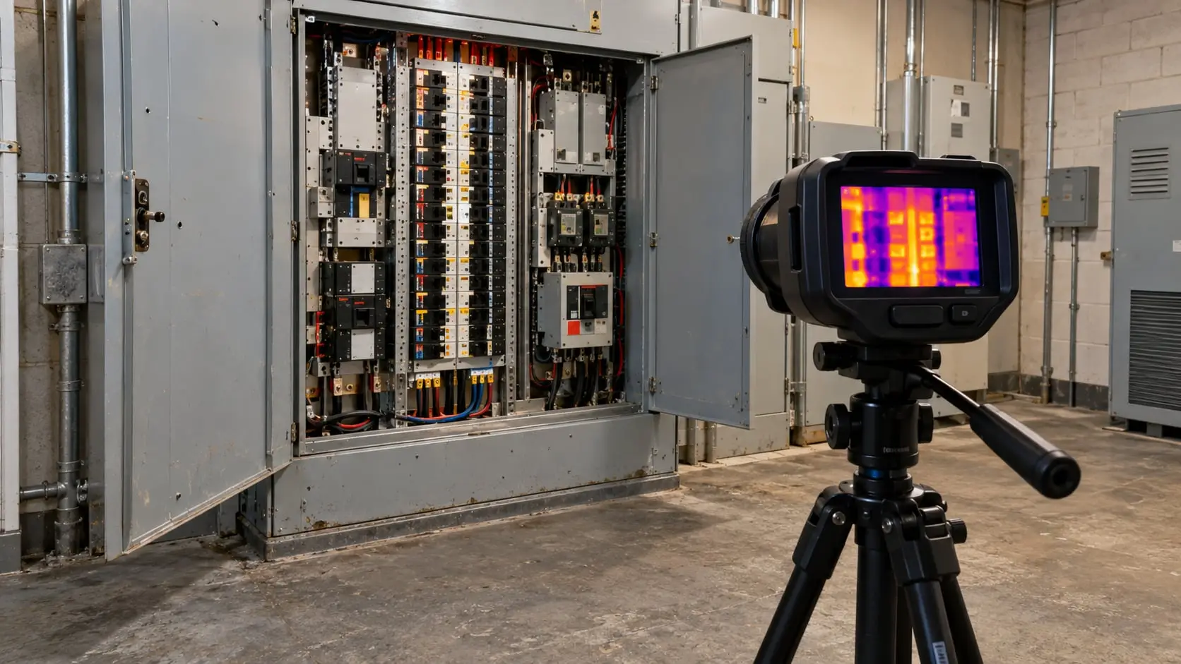 Thermal imaging camera on a tripod pointed at an open switchboard