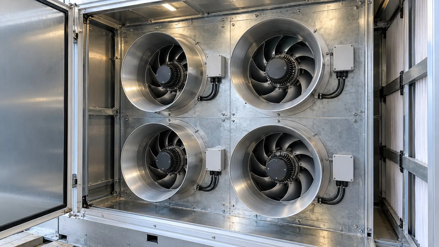 Wall of four EC plug fans inside an air handling unit