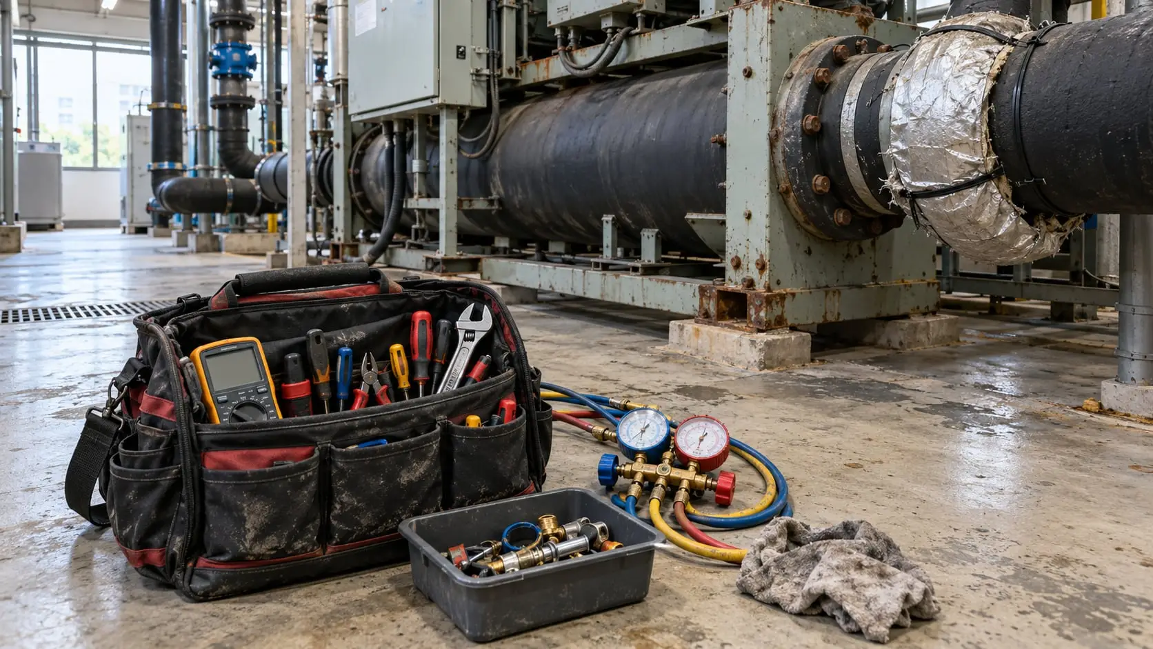 Tool bag, multimeter and refrigerant gauges on the floor beside a chiller
