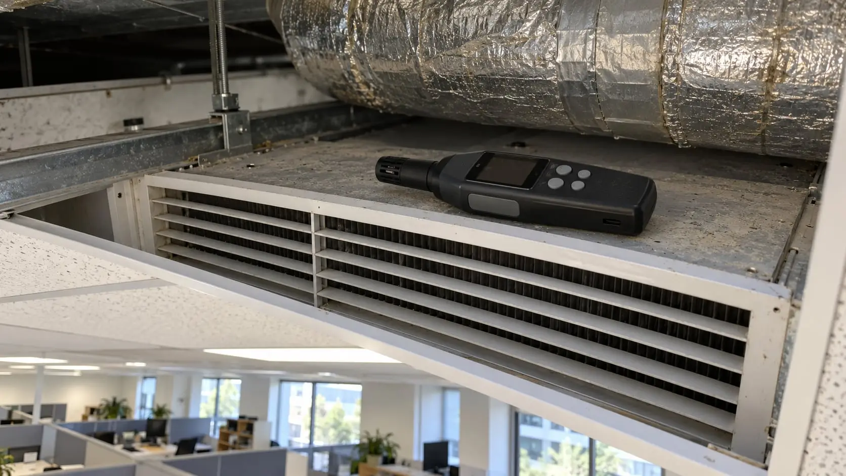 Hand-held air quality meter at a ceiling supply grille