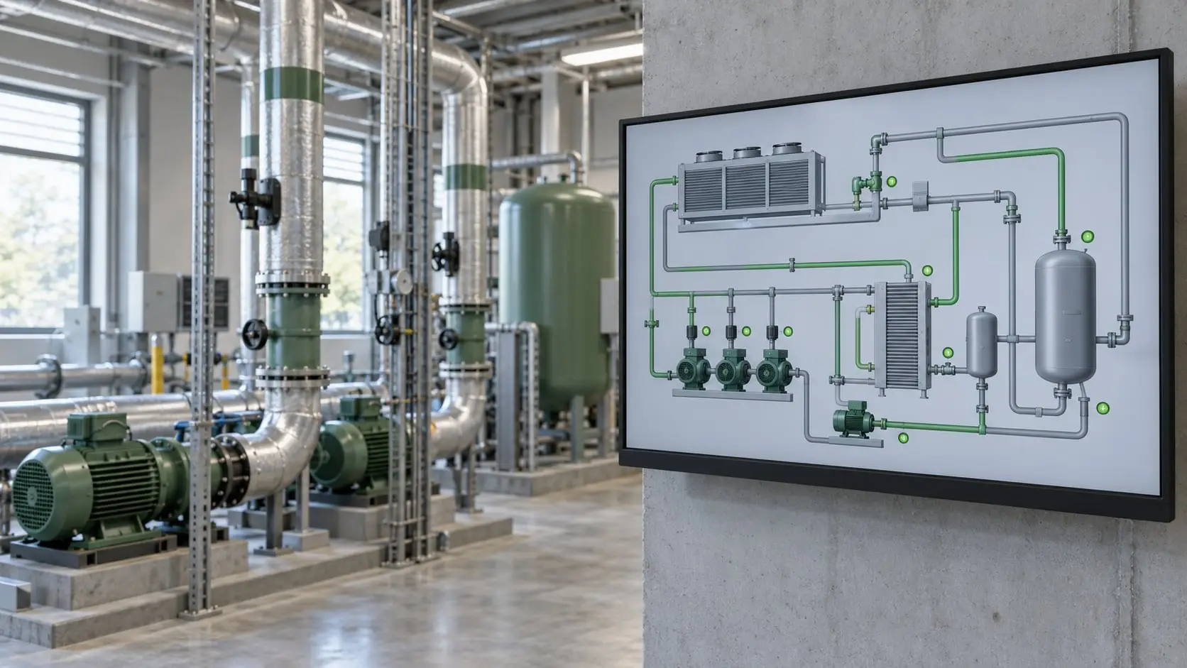BMS graphics screen showing a pump and pipework schematic in a plant room