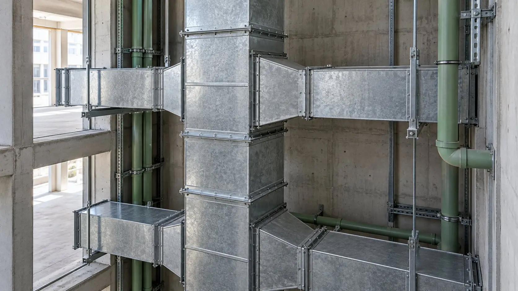 Galvanised steel ductwork branching off a vertical riser beside pipework