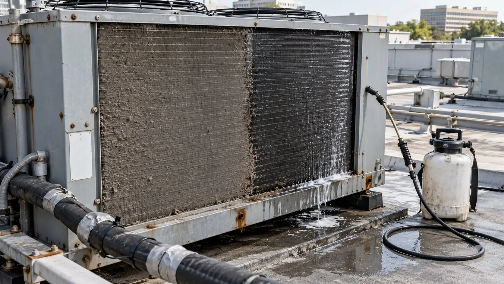 Condenser coil part-way through cleaning, with a pump sprayer alongside