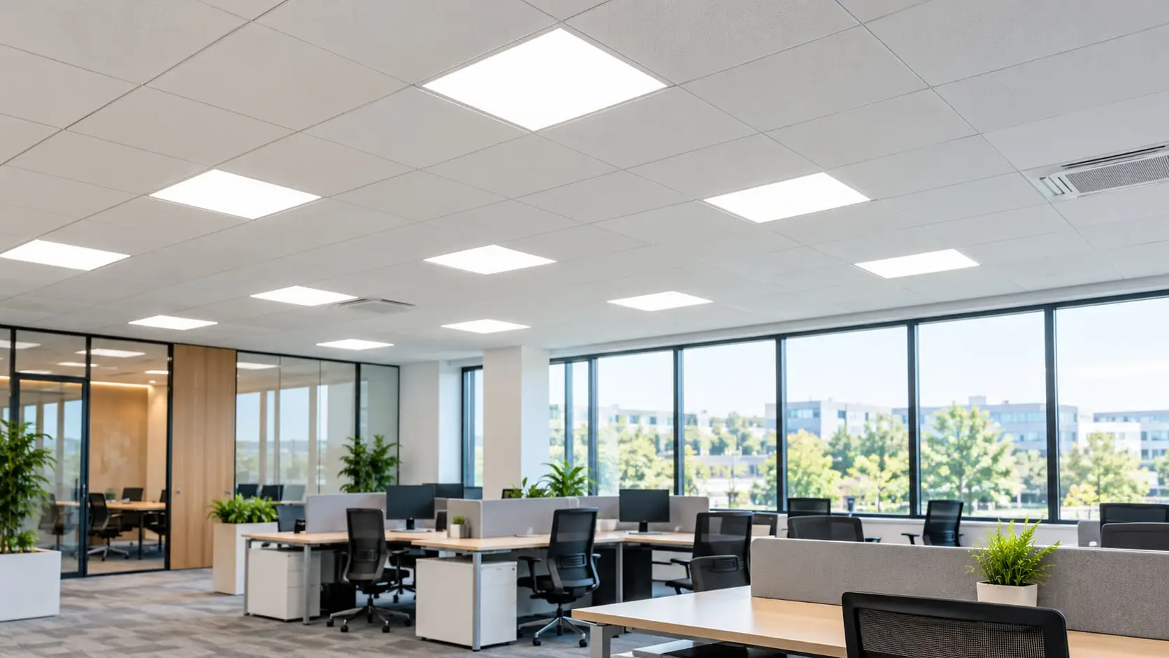 Recessed LED panel lights in an office ceiling