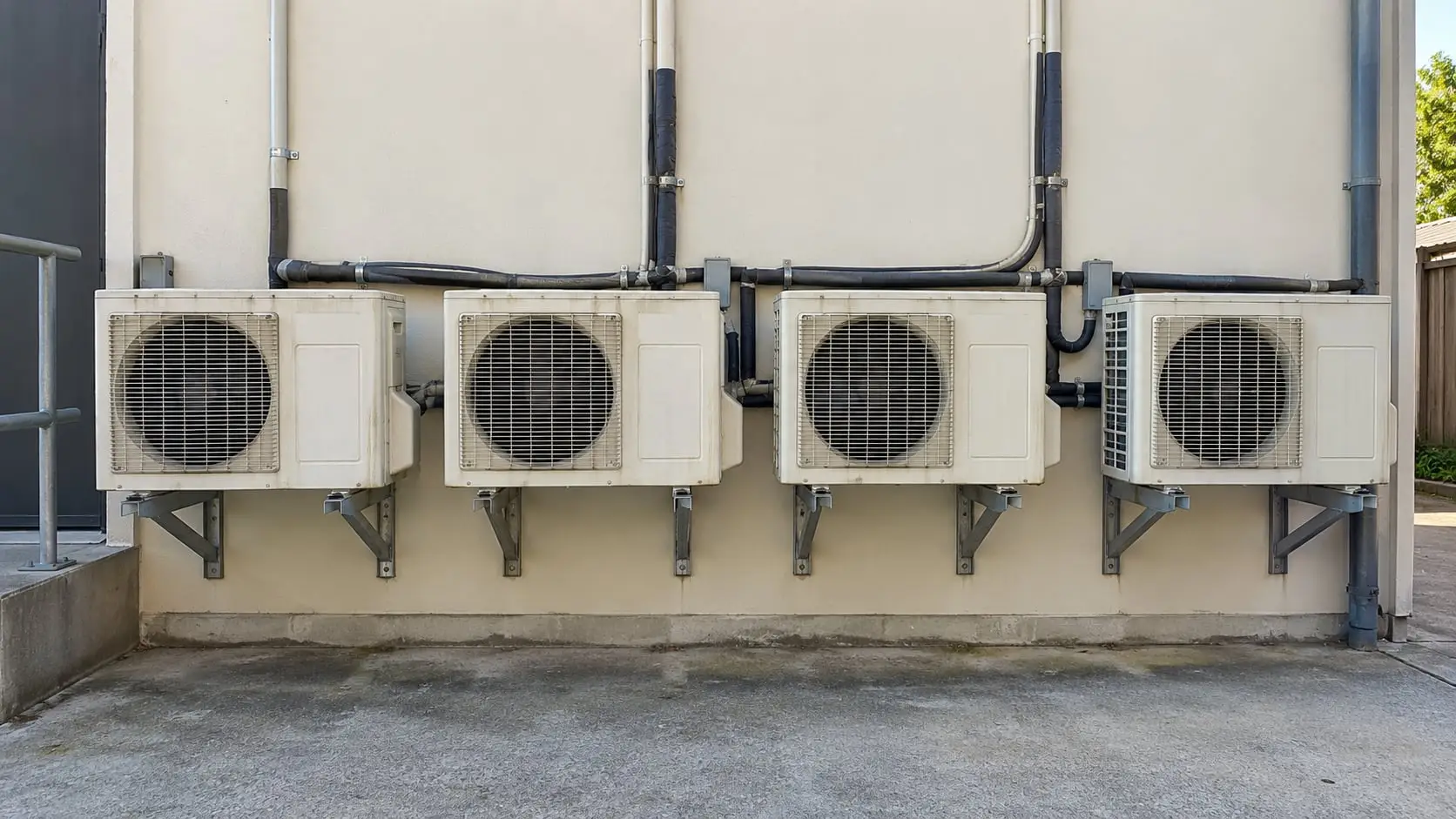 Row of split system outdoor units mounted on wall brackets