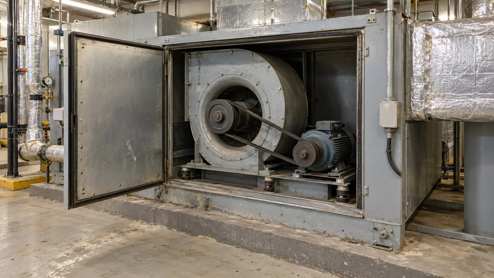 Older belt-driven centrifugal fan and motor inside an air handling unit