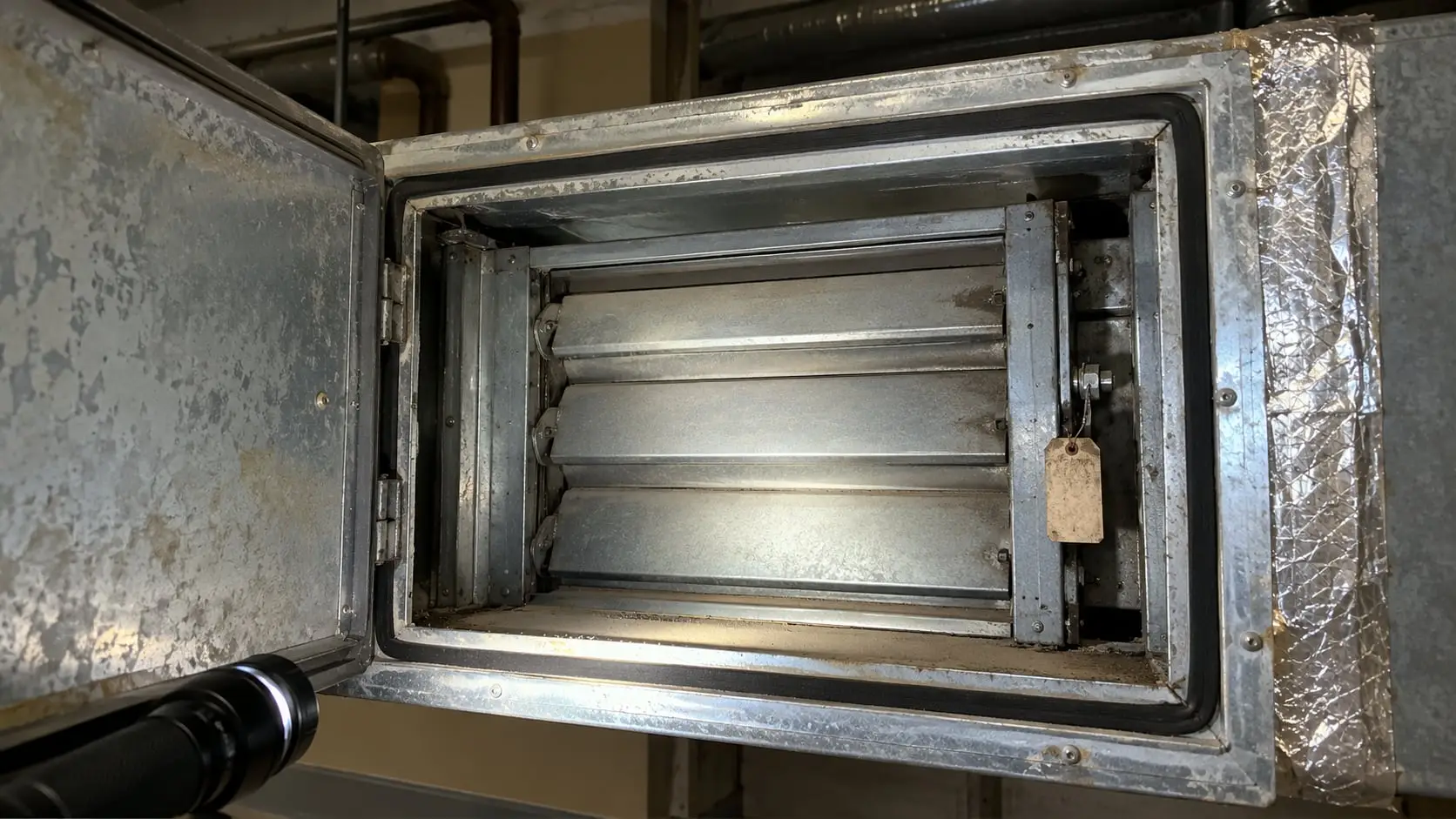 Existing fire damper with an inspection tag, seen through an open duct access door