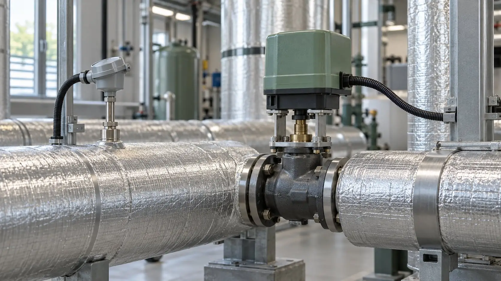 Temperature sensor and motorised control valve on insulated chilled-water pipe