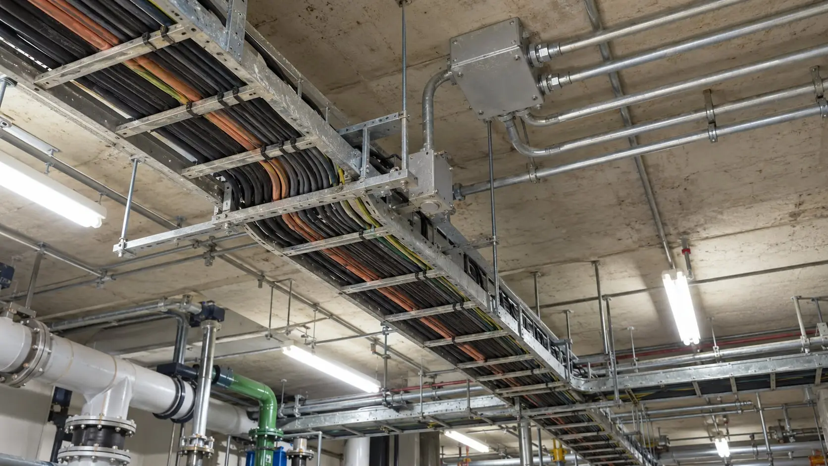 Cable tray and steel conduit runs across a services ceiling