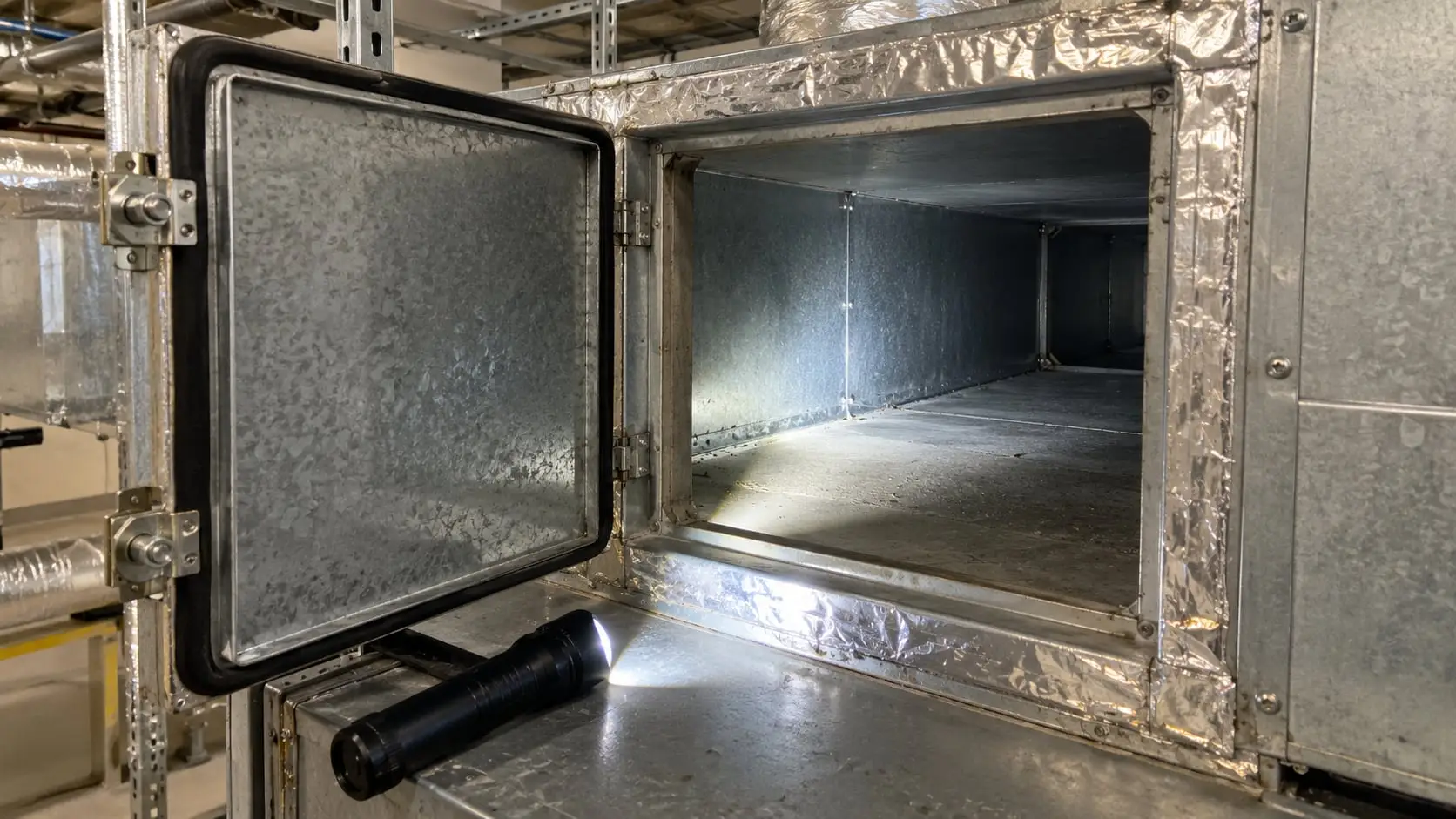 Open duct access door with a torch lighting the inside of the ductwork