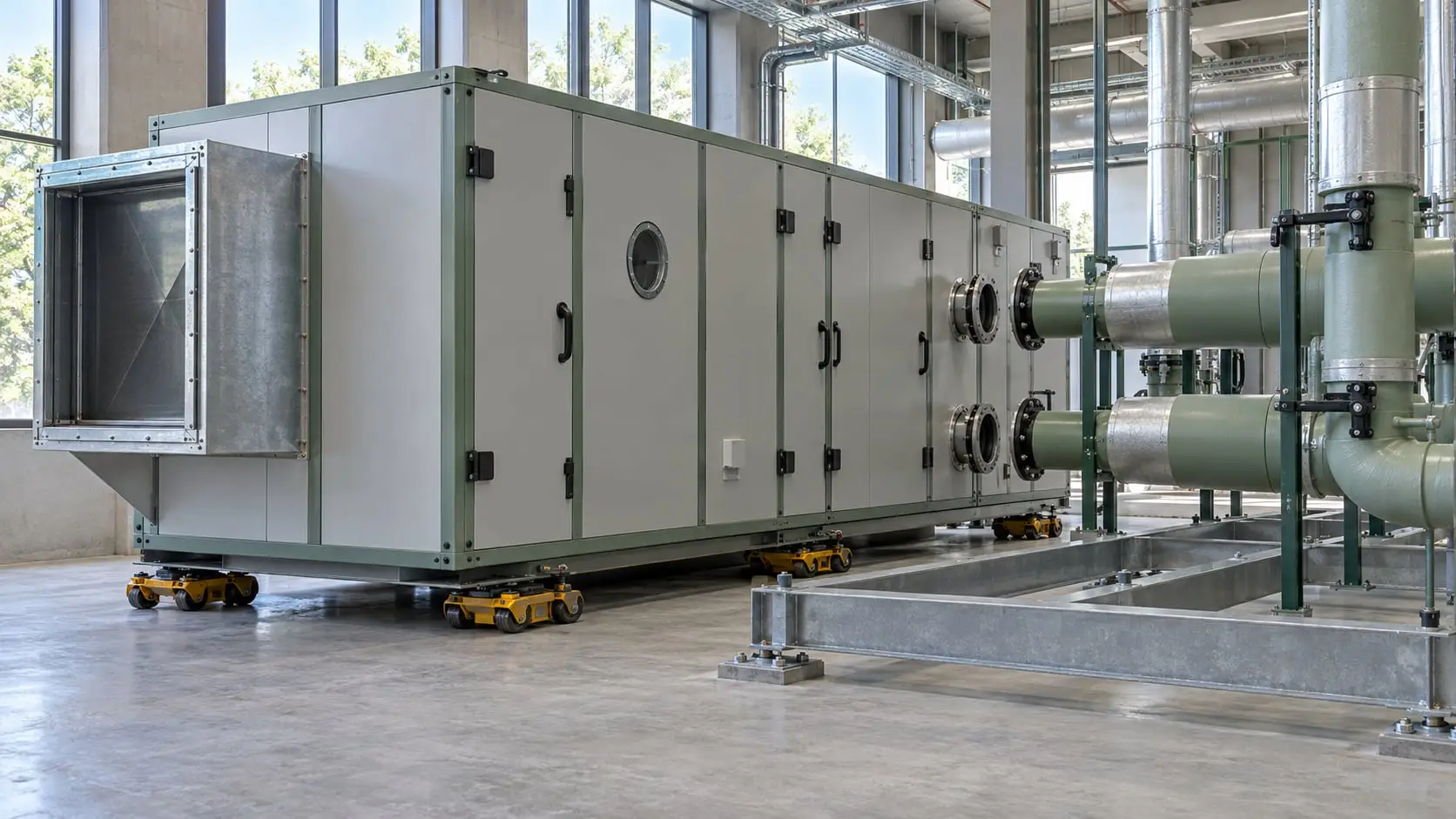 New air handling unit on moving skates in a plant room, ready for pipe connection