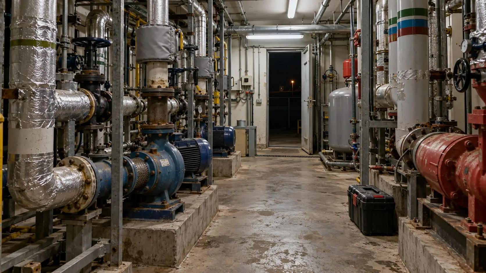 Plant room with pumps, insulated pipework and valves