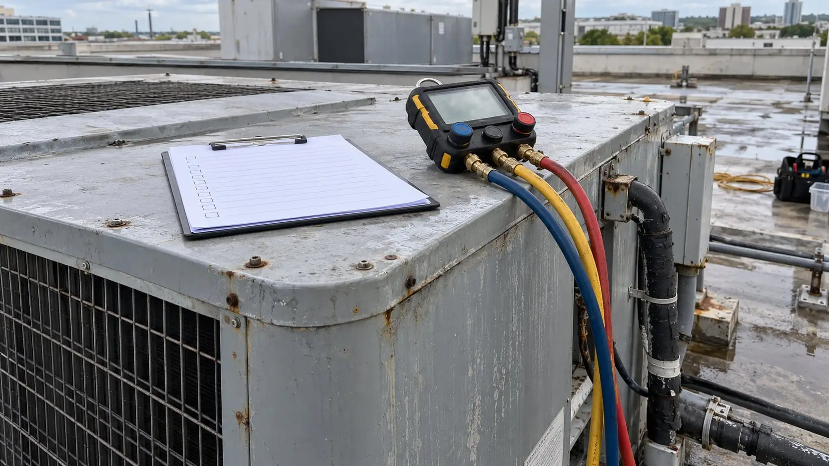 Clipboard and digital refrigerant gauges on top of a rooftop packaged unit
