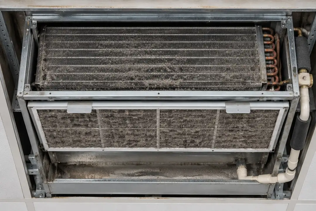 Fan coil unit before maintenance: dust-clogged coil, filthy filter and dirty drain tray