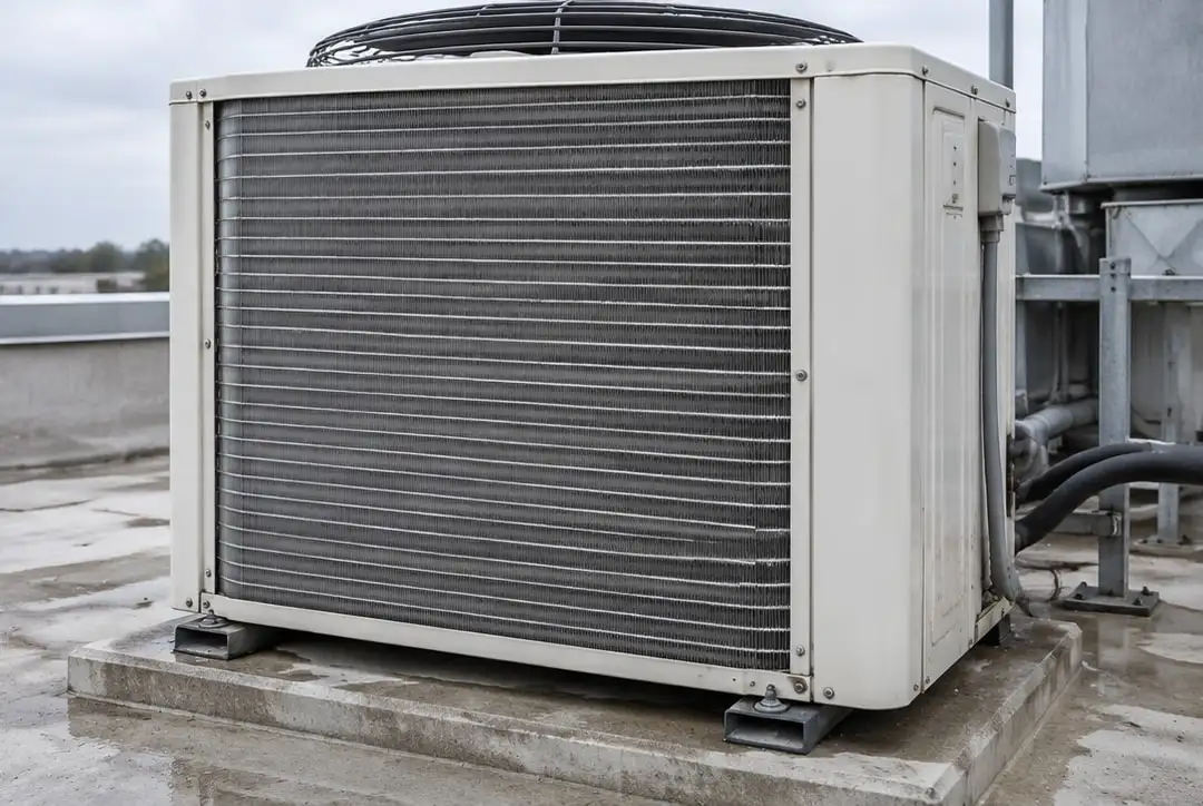 The same rooftop condenser after maintenance: clean coil and cleared base
