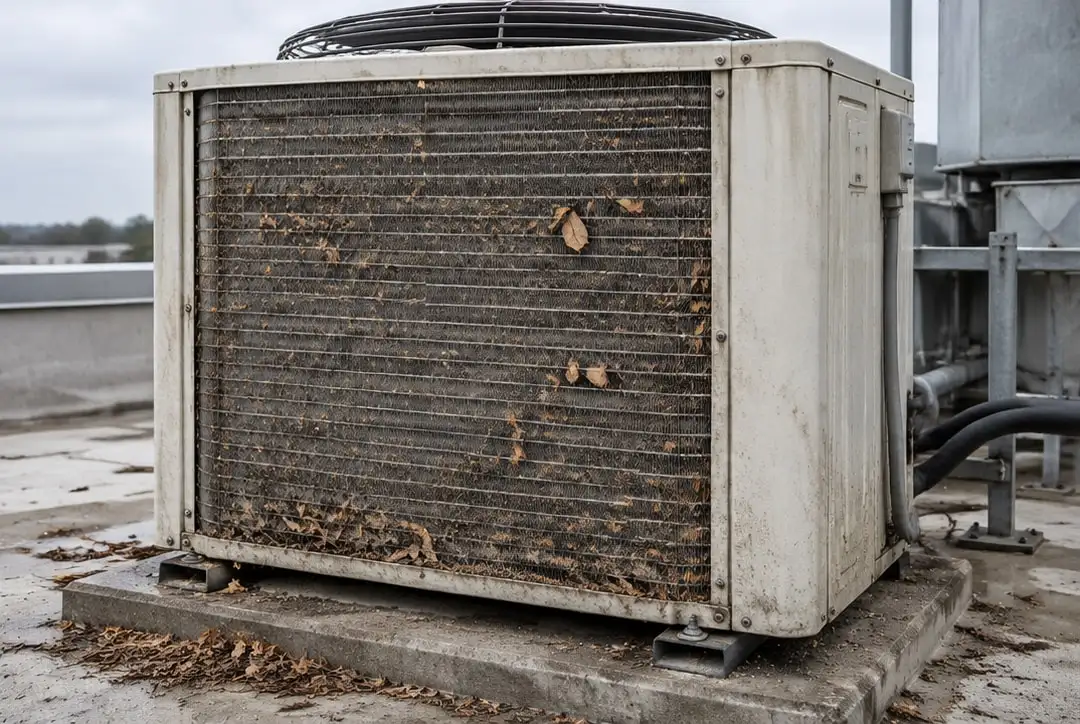 Rooftop condenser before maintenance: coil matted with dirt and leaves