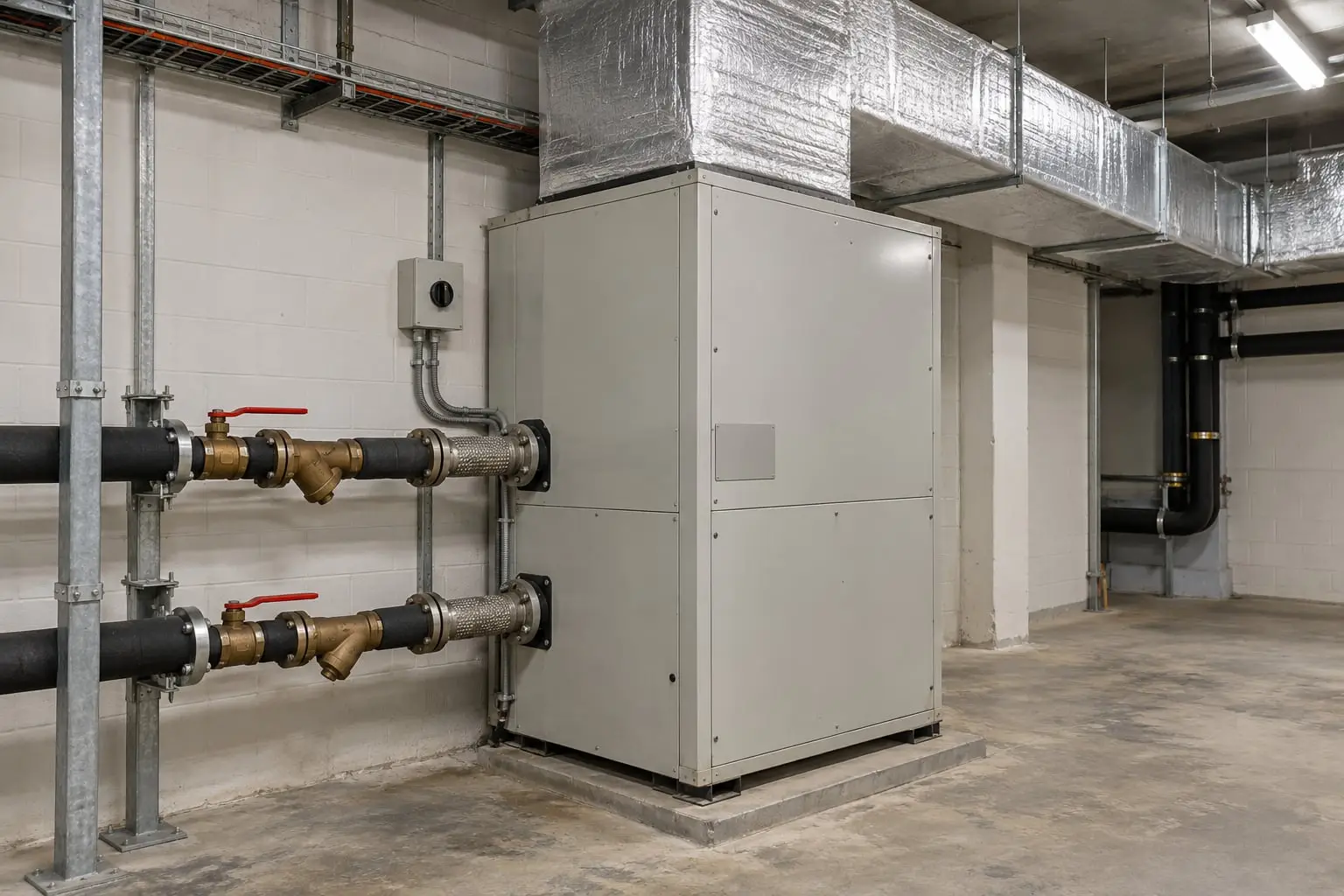 Water-cooled package air conditioning unit in a plant room