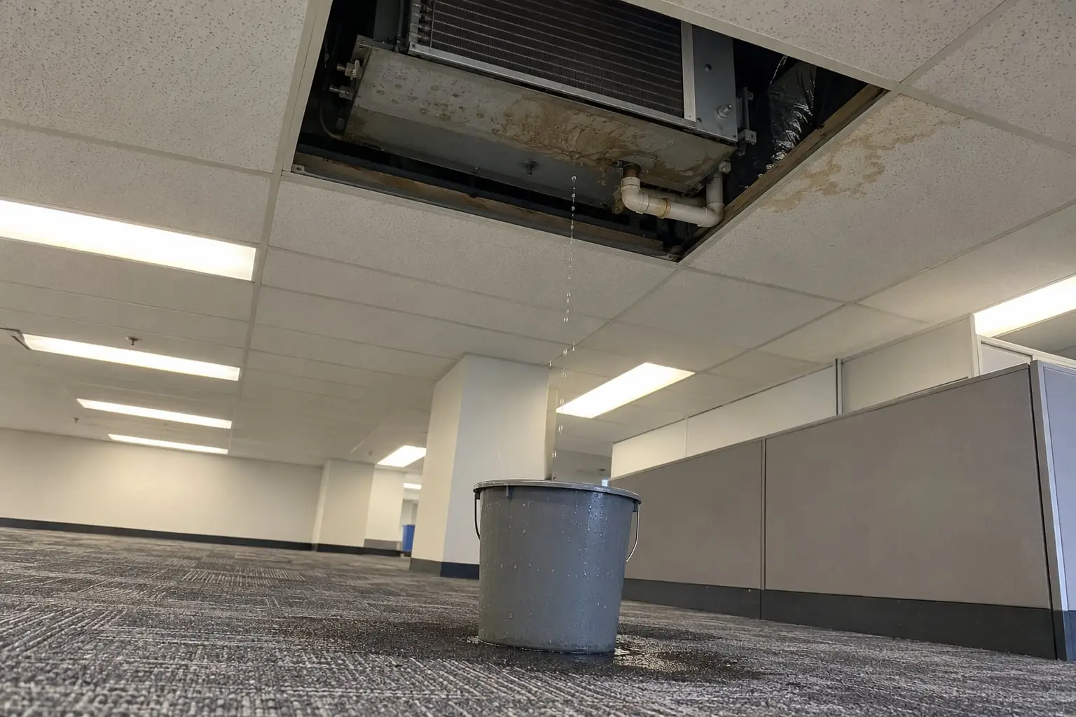 Open ceiling tile under a fan coil unit, water dripping from the drain pipework into a bucket